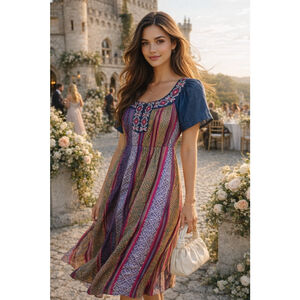 Go Softly Patio Boho Embroidered Midi Dress Colorful Stripe Cotton M Boho Folk